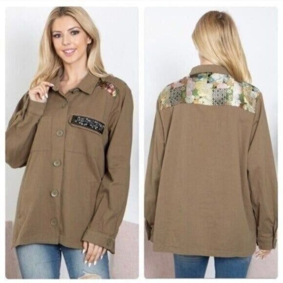 Khaki Button-Up Jacket W/Floral Embroidery & Beaded Pocket Accent -NEW - Picture 1 of 7